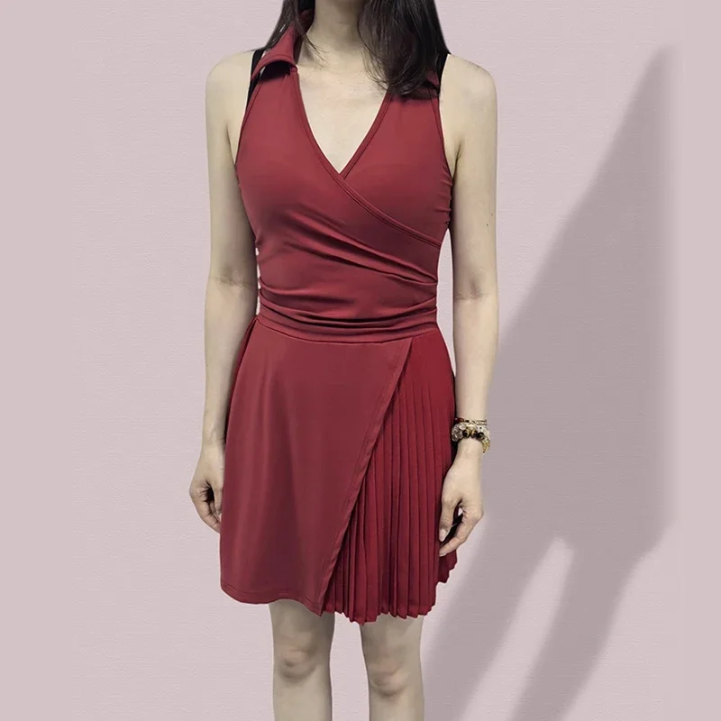 Tennis Wear for Women Spring and Summer Sleeveless Polo Shirt Dress Pleated Skirt French V-Neck Sports Casual Dresses