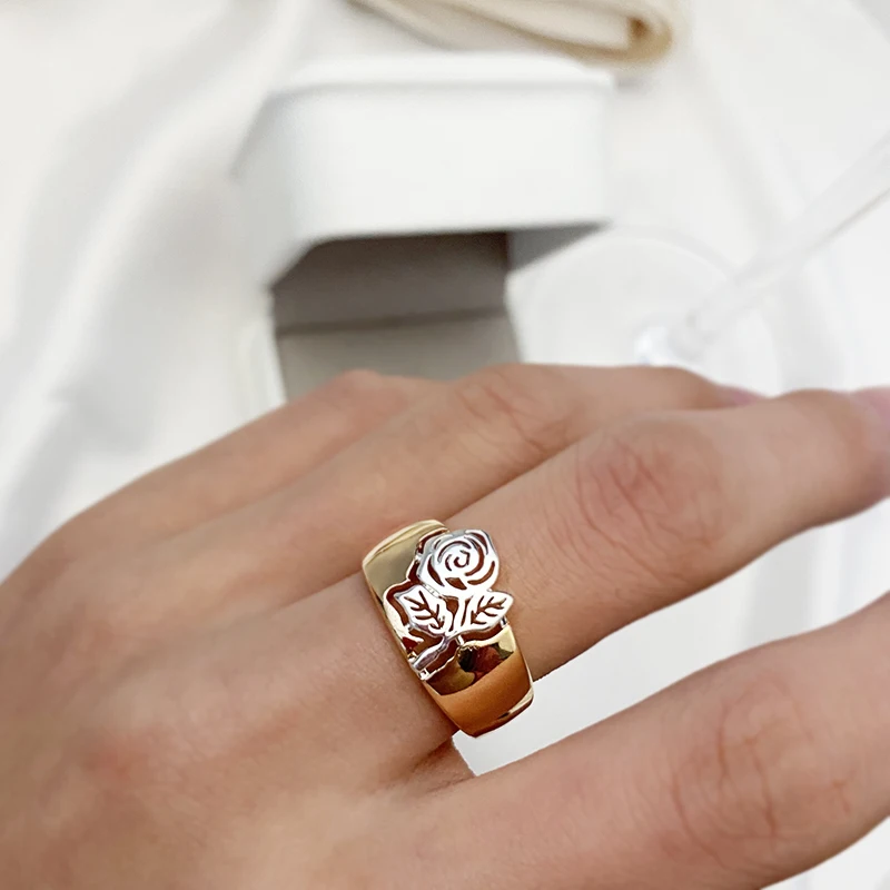 SYOUJYO Luxury Vintage Hollow Flower Pattern Women's Ring 585 Rose Gold+Silver Two Color Daily Festive Fashion Fine Jewelry Womens Ring Jewelry Rings Ring Jewelry