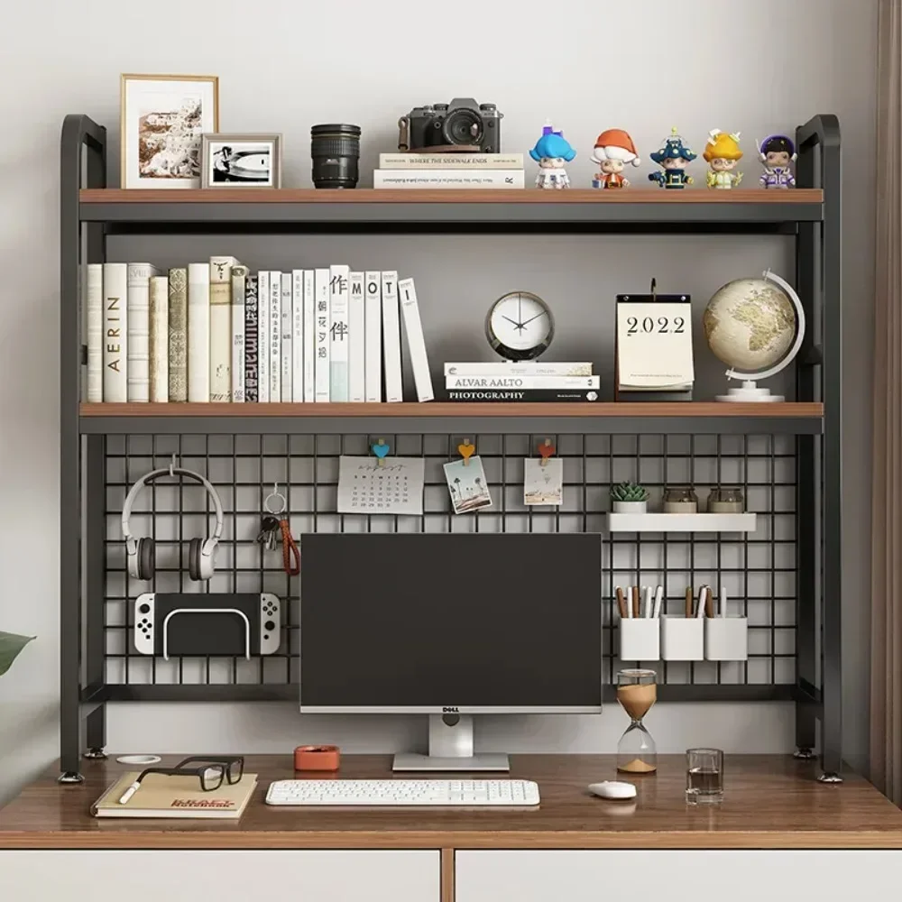 Grid Multi-layer Bookshelf, Large Capacity, Wrought Iron Shelf, Student Desk Combo, Desktop Bookcase Storage Rack