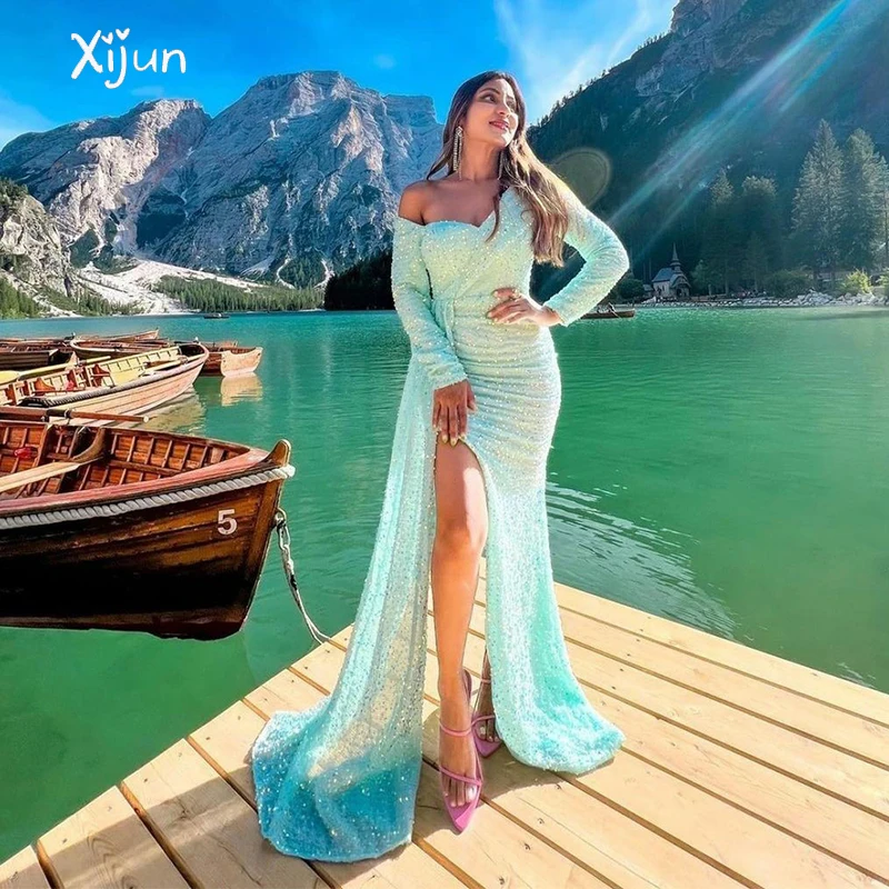 

Xijun Arabic Blue Sequin Mermaid Evening Gowns Shiny Sweetheart Party Dresses Detachable Sleeve Side Spplit Prom Gown For Women