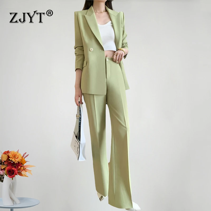 

ZJYT Office Lady Blazer Pant Sets 2 Piece Women Long Sleeve Jacket and Trousers Suit Green Outfit Spring Autumn Work Wear