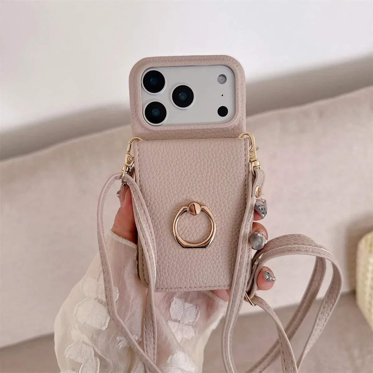 Crossbody Lanyard Wallet Phone Case with Ring Card Holder and Makeup Mirror