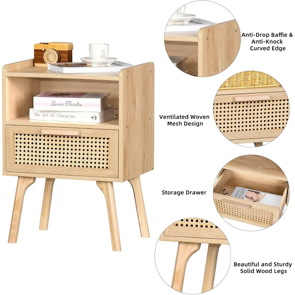 Nightstands Set of 2, Side Table with Drawer Open Shelf, Bedside End Table with Solid Wood Legs for Bedroom, Dorm. Nightstands 6