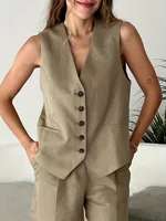 KONDALA Casual Women Suits 2 Pieces V Neck Buttons Vest Blazer+High Waist Wide Leg Shorts Fashion 2025 Summer Vintage Sets - Image 3