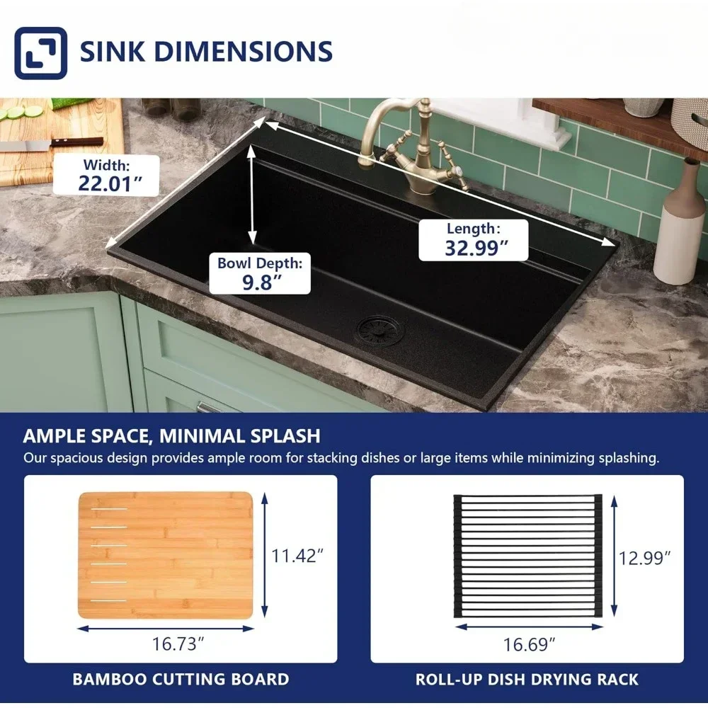 Granite Composite Drop In Kitchen Sink Large Top Mount Single Bowl Sink with Integrated Ledge