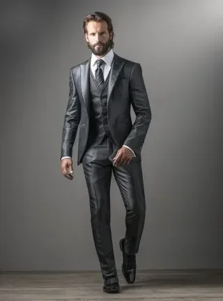 

2024 Grey Satin Italian Men Suit Formal Business Jacket Slim Fit 3 Piece Tuxedo Custom Blazer Classic Prom Suits Terno Masculino