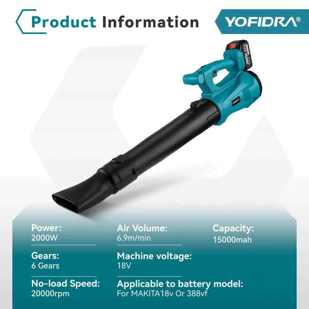 YOFIDRA 2000W aeratore elettrico regolazione a 6 velocità per Makita 18V batteria soffiatore per foglie pulito foglie cadute polvere neve strumento