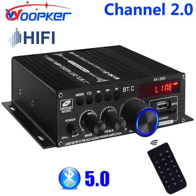 Woopker Sound Amplifier Channel 2.0 HIFI Bluetooth Amp Home Digital Audio 12V3A AK380 AK370 AK280 AK270 AK170 for Car Bass Trebl 1