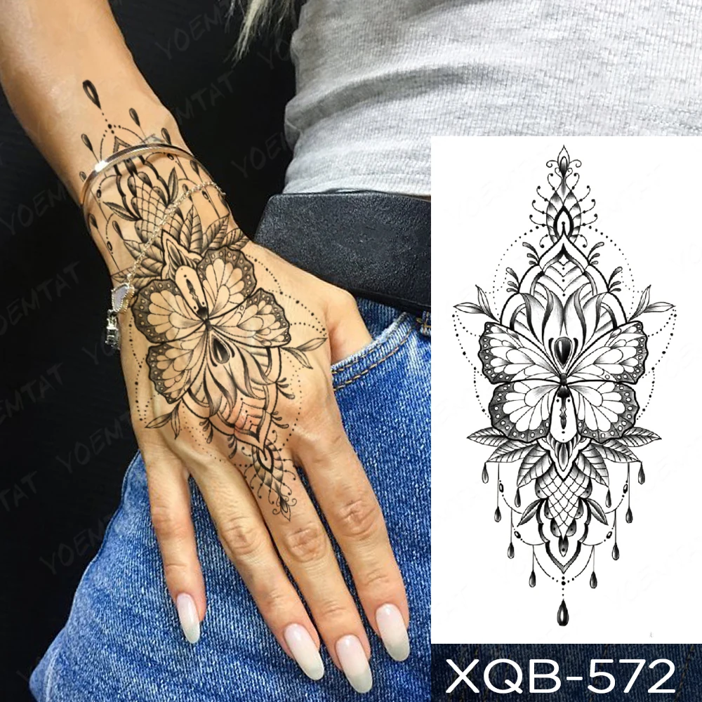 Tatuagem temporária à prova dwaterproof água etiqueta preta hena laço  arabian lotus totem flor flash tatoo mulher dedo arte do corpo falso tatto  - AliExpress