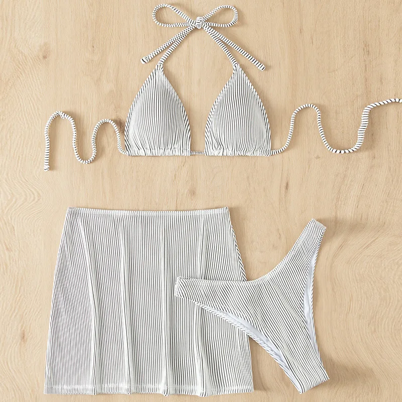 3 PCS Ribbed With Skirt Padded Bikini Female Swimsuit Women Swimwear Three-pieces Bikini set Bather Bathing Suit Swim Lady 2024