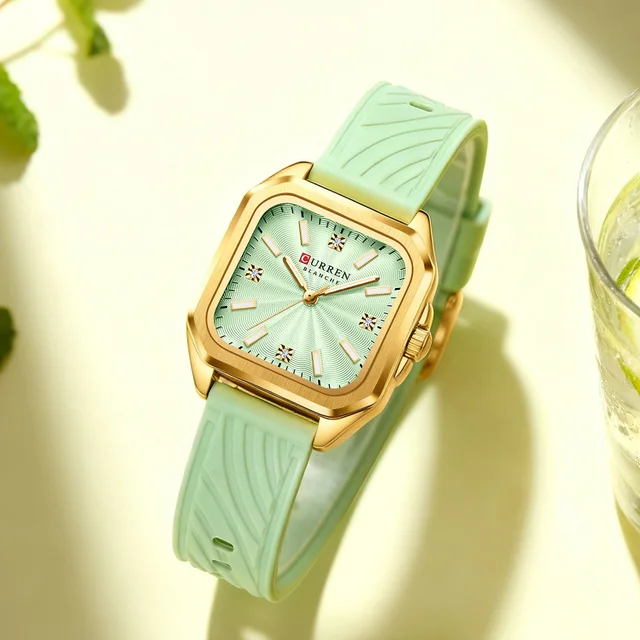 CURREN Elegant Simple Watch for Women Luxury Dress Square Dial Silicone Strap with Luminous Hands New Quartz Wristwatch