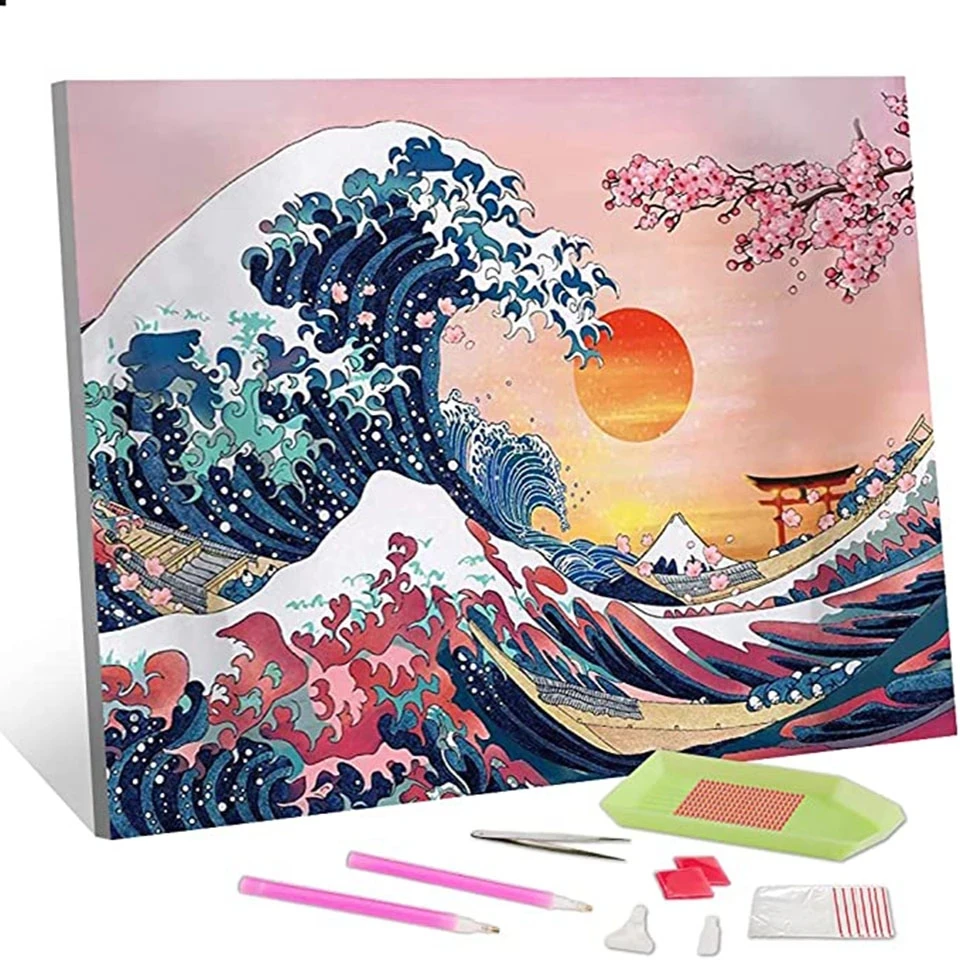 5D Diamond Painting Great Wave with Sunset and Cherry Blossoms Full