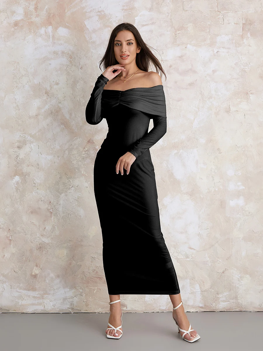 

Women acute s Slim Tube Dress Solid Color Long Sleeve Twist Front Ankle Length Dress for Party