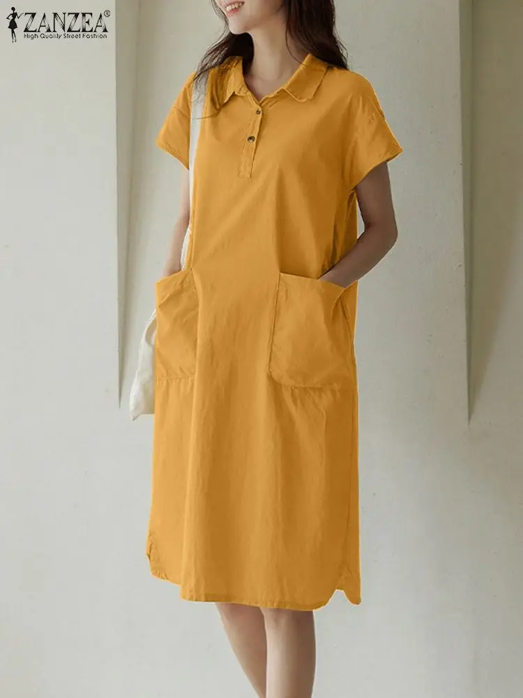 

ZANZEA Fashion Casual Party Vestido Lapel Neck Short Sleeve Shirt Dress Summer Women Elegant Solid OL Work Sundress Oversize