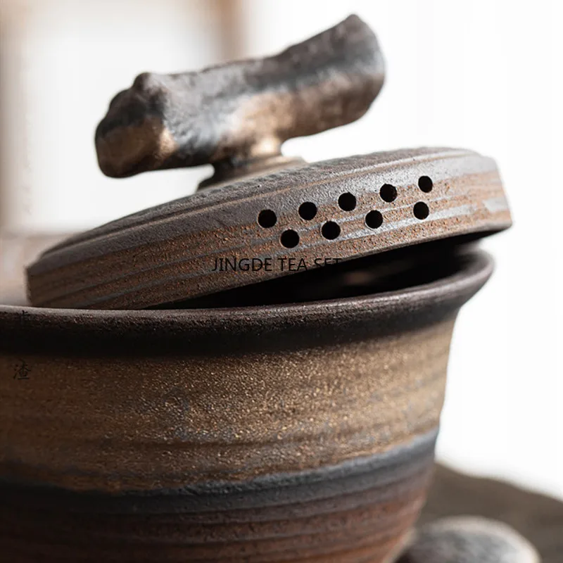 Chinese rough pottery lid bowl retro handmade ceramic travel portable household tea set accessories