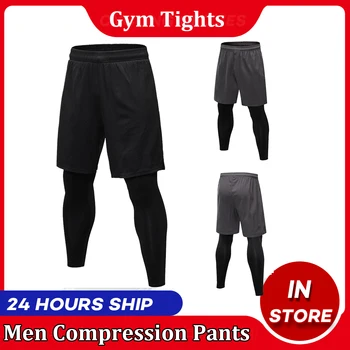 Compression Men's 2 in 1 Leggings Fitness Quick-drying Sports Gym Tights Men Workout Running Stretchy Bodybuilding Jogging Pants 1