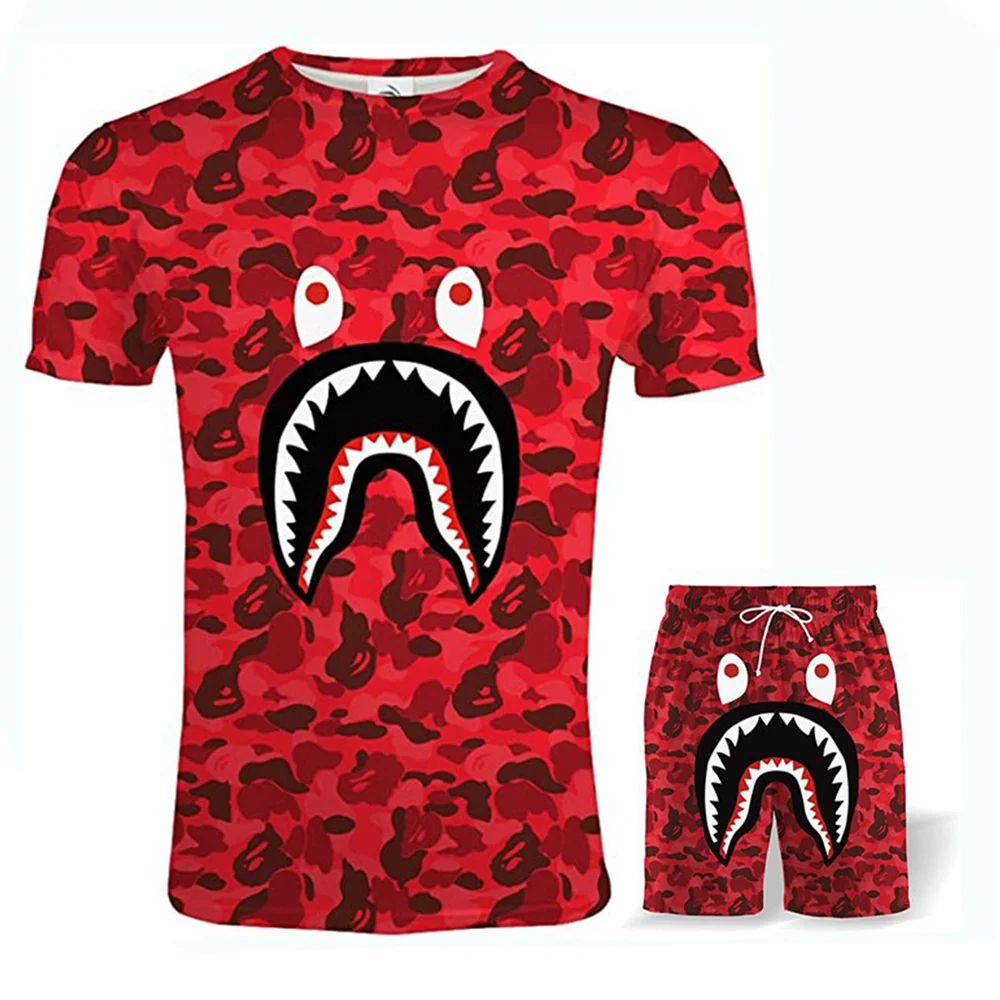 

Shark Head Unisex 3D Digital Printed Casual Sports Short Sleeved Set Fashionable Casual T-shirt Shorts 2-piece Clothing Set