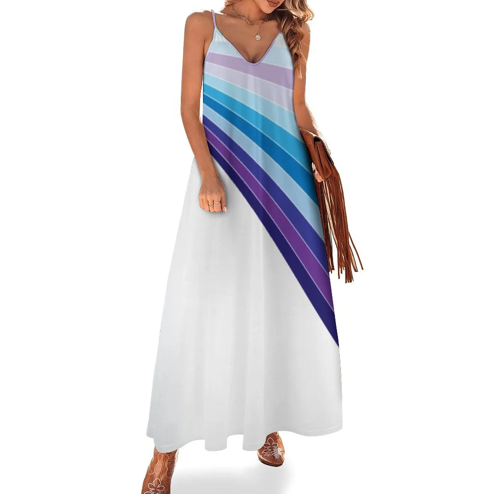 

65 MCMLXV White Retro 70s Disco Blue Streaks of Light Pattern Sleeveless Dress summer dress women 2024 long dresses for women