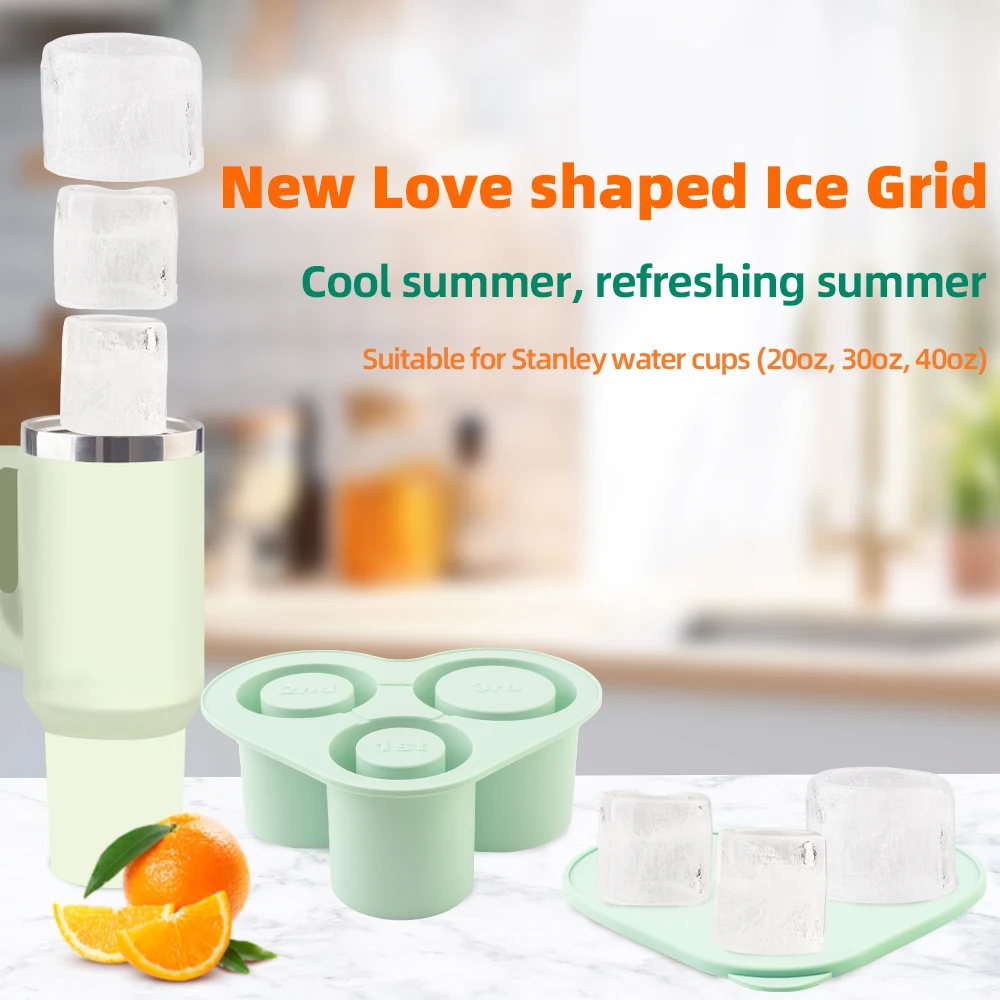 3-Grid Ice Cube Tray For Stanley 30/40 Oz Tumbler Cups Reusable Cylinder Silicone Ice Cube Molds With Lid For Drink Juice Coffee