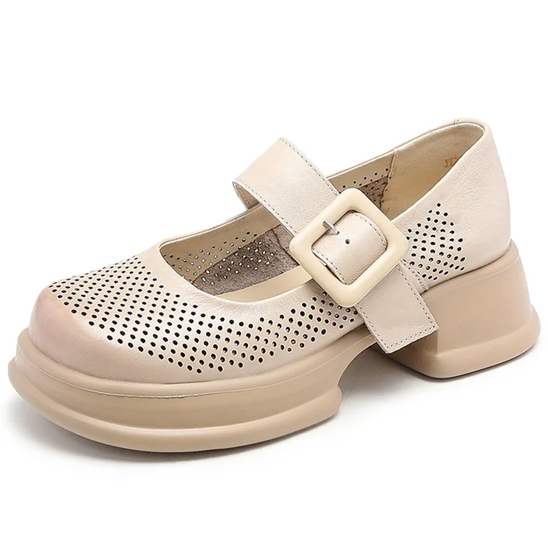 Sandalias de verano 2023 de alta gama para mujer, sandalias de punta redonda de piel de vaca auténtica