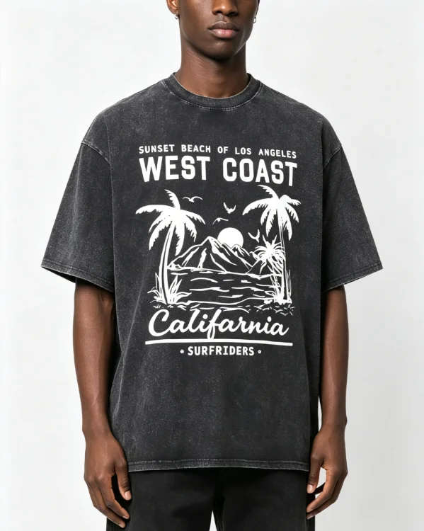Palm Tree Graphic Slogan Black Round Neck Casual T-shirt