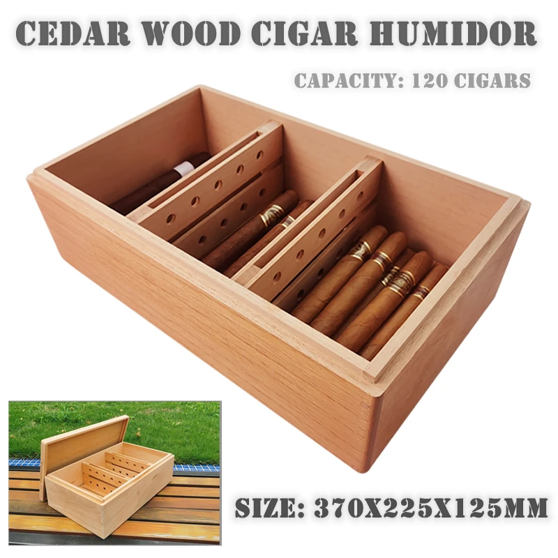 

370x225x125mm Cedar Wood Cigar Humidor Capacity 120 Cigarettes Storage Box Simple Design Moisturizing Wood Grain Cigar Gift Case