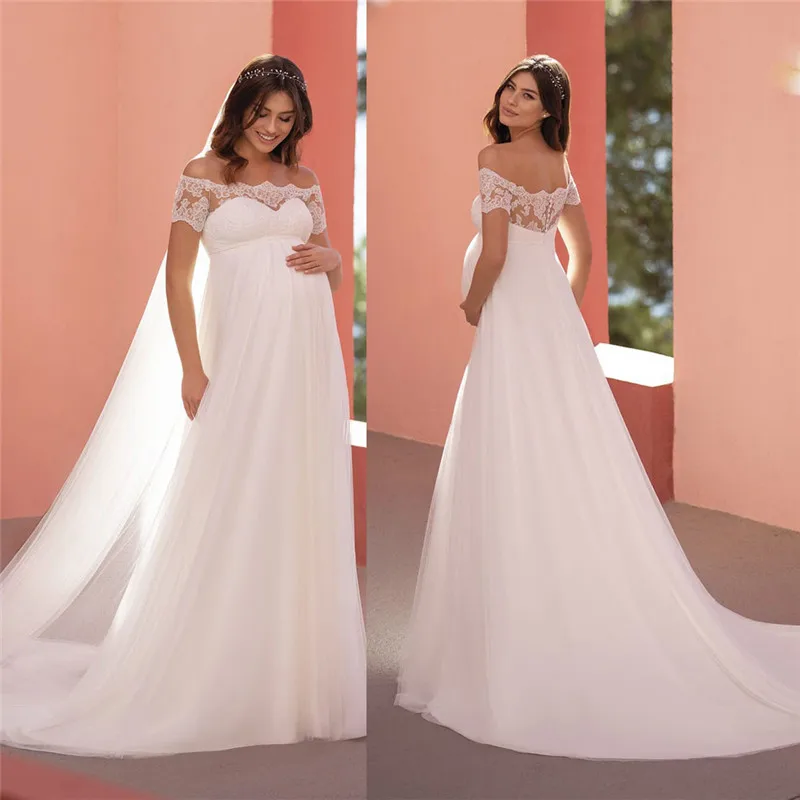 

Long Wedding Dress For Pregnant Woman Short Sleeves Boat Neck Empire A-line Bridal Gown with Veil Maternity Women robe de mariée