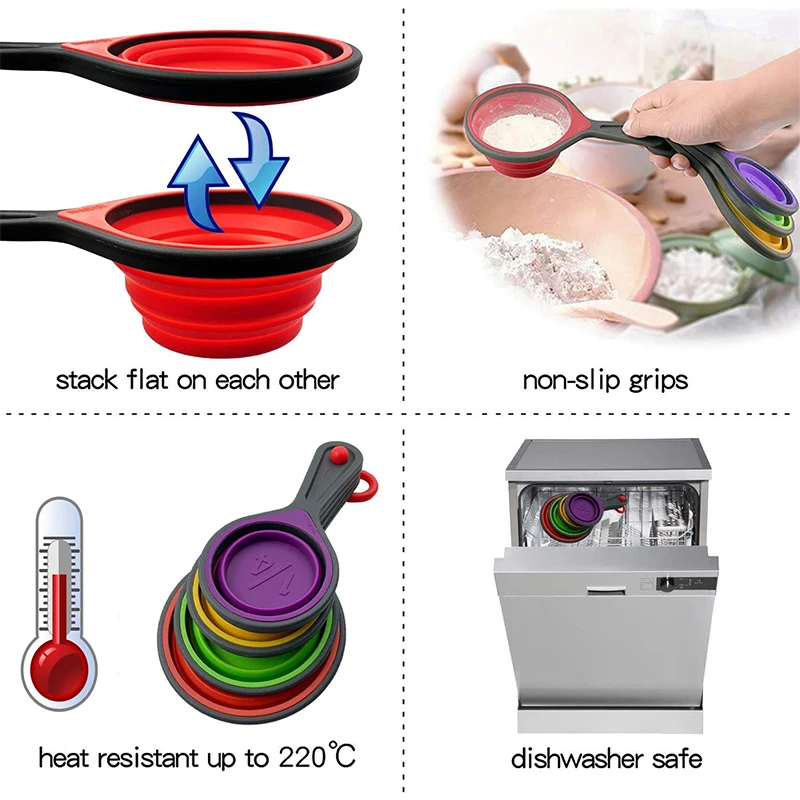 4/8Pcs Silicone Measuring Cup Measuring Spoon Collapsible Baking Measuring Tool Set for Coffee Flour Honey Sugar Baking Spoon