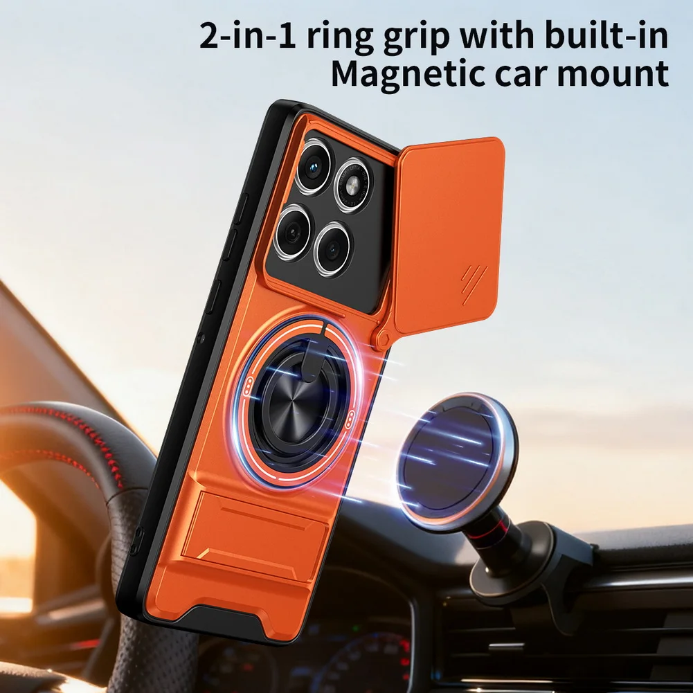 Versatile 2-in-1 Ring Grip Case with Built-in Magnetic Car Holder and Push-Pull Lens Protection