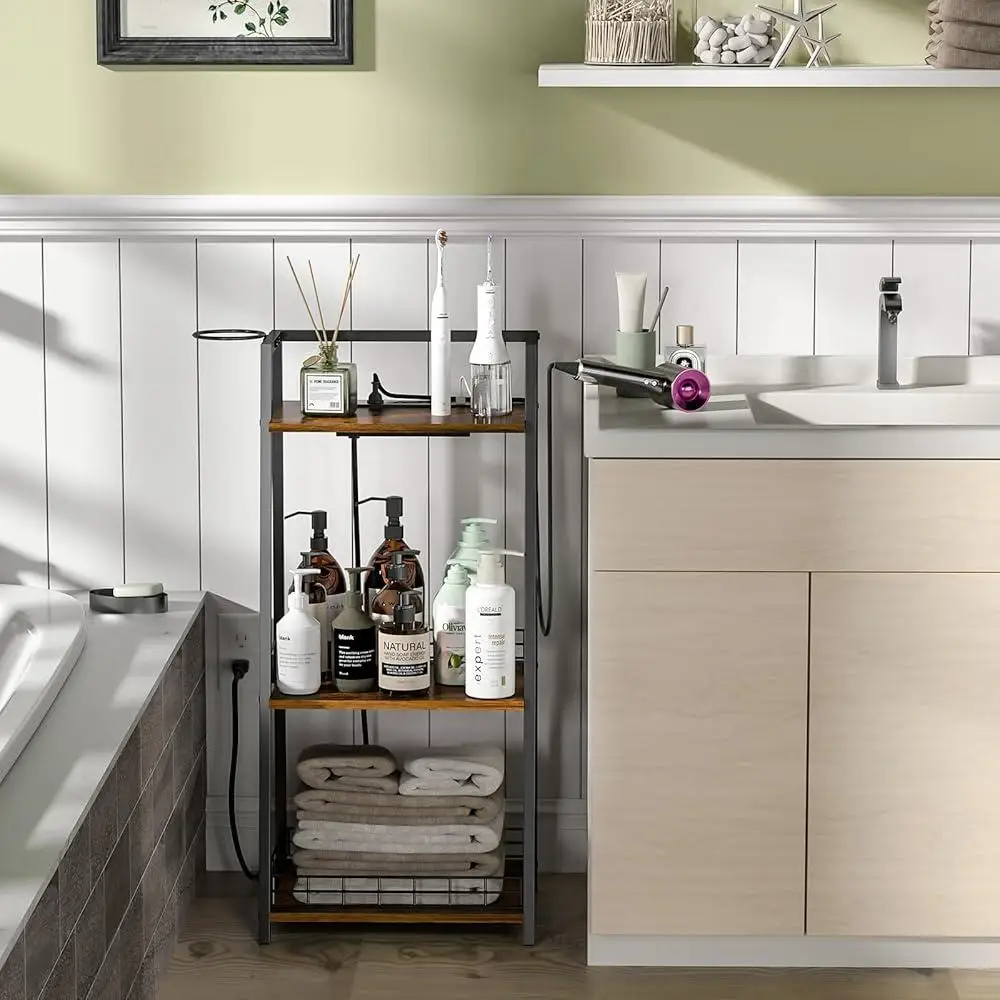 3-Tier Bathroom Organizer with Charging Station USB Ports and Hair Dryer Holder Multi-Functional Storage Shelf Home Use 6