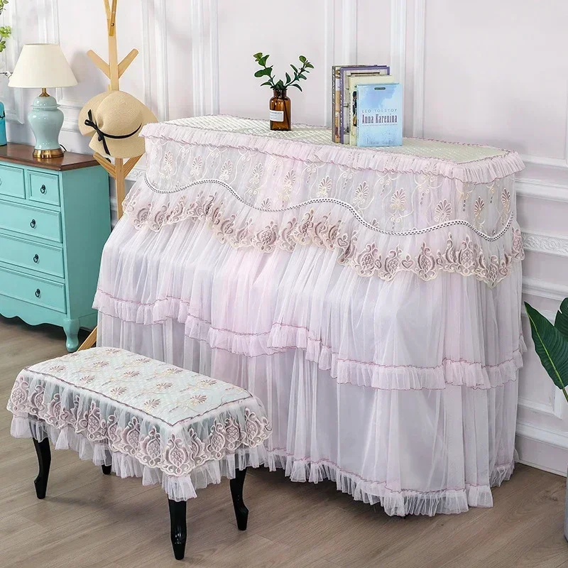 2-piece Lace Embroidered Small Fresh Piano Cover Double Layer Gauze Piano Dust Cover Protective Case with Flounce Hem