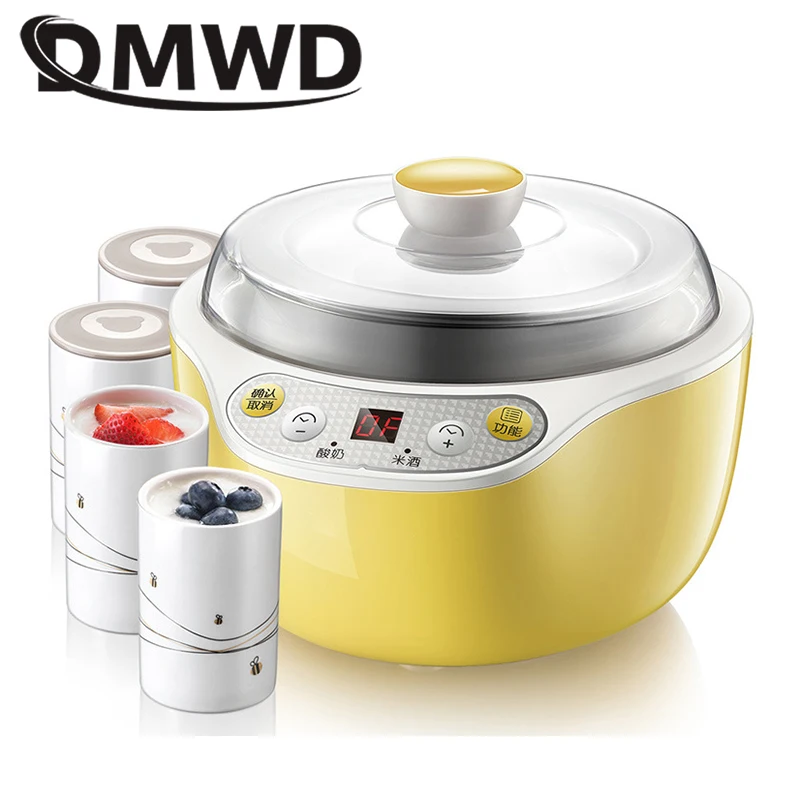 DMWD Multifunction Electric Yogurt Maker Leben Fermenter Automatic Glass Liner Natto Rice Wine Yoghurt Machine 4 Cups Container