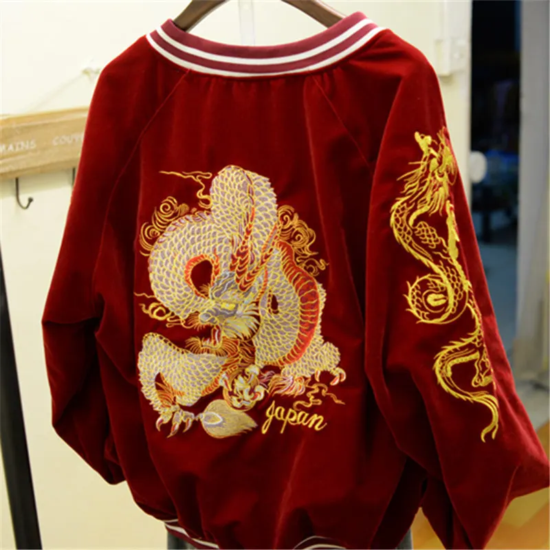 

Dragon Embroidered Corduroy Baseball Coat Veet Cardigan Zipper Bomber Jacket Couples Outwear Chaqueta Long-Sleeved Tops
