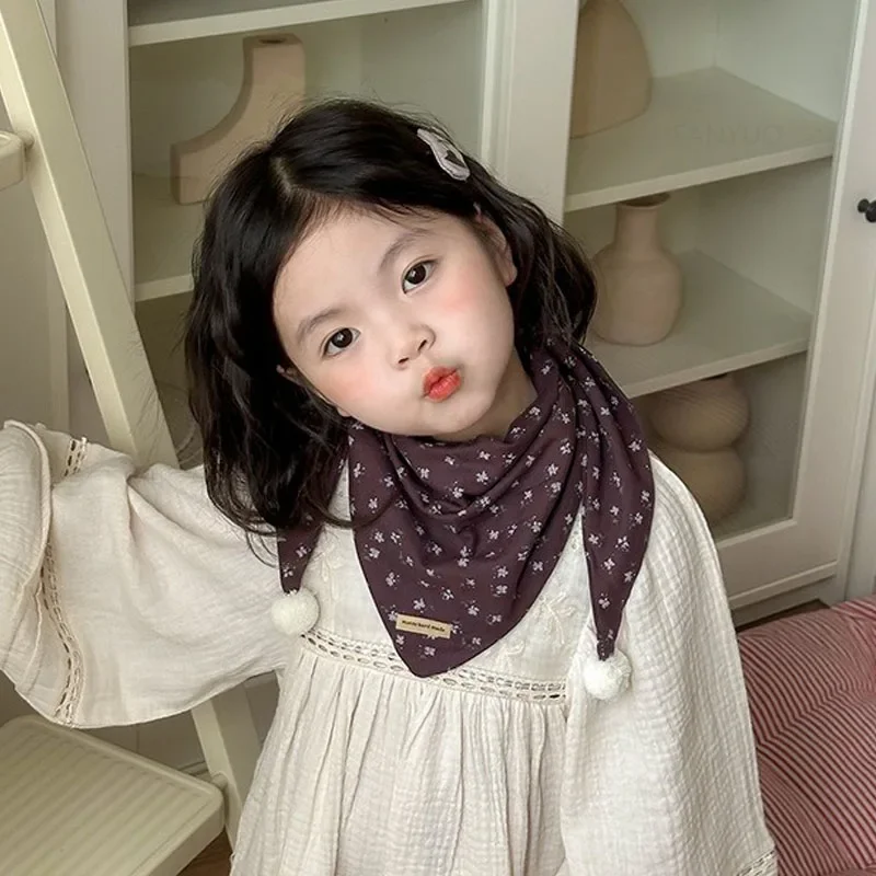 Autumn Winter Korean Children Floral Triangle Scarf Casual Fashion Boys Girls Cotton Neckerchief Warm Cute Baby Hairball Scarves