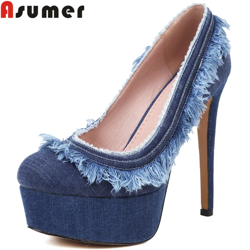 

ASUMER 2022 Size 33-43 New Denim Platform Shoes Slip On Women Pumps Faux Fur Office Ladies Thin High Heels Dress Shoes