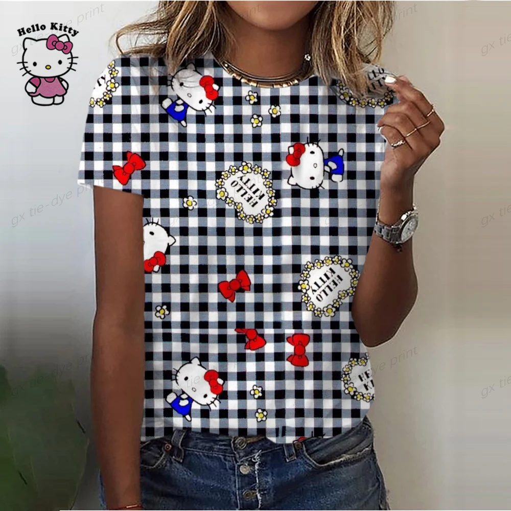Camiseta informal de manga corta a color para mujer, camisetas de cuello redondo estilo Harajuku, camisetas con estampado de dibujos animados de Hello Kitty, camisetas gráficas kawaii para mujer