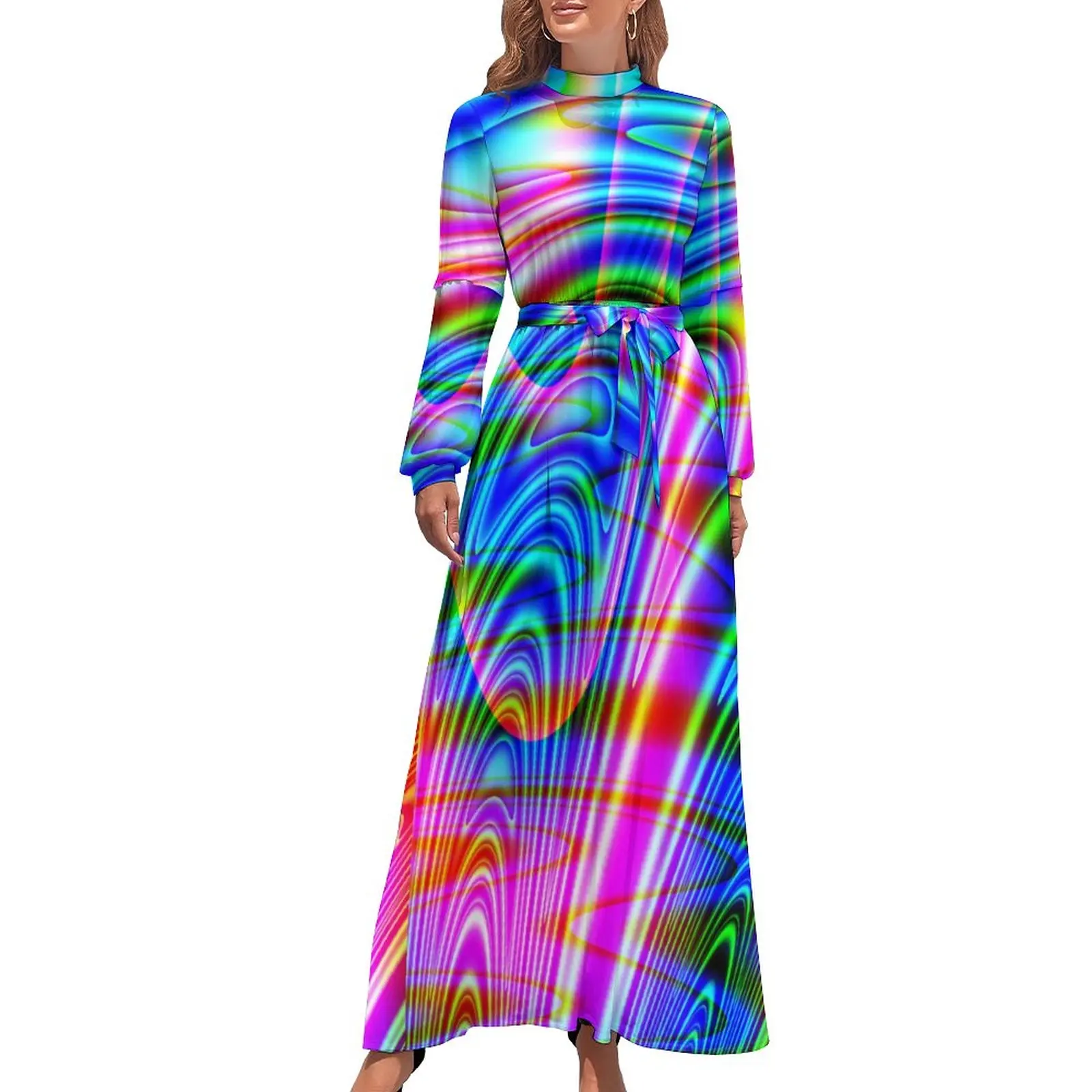 

Thin Blue Lines Dress Colorful Print Elegant Maxi Dress Streetwear Beach Long Dresses High Neck Pattern Clothing