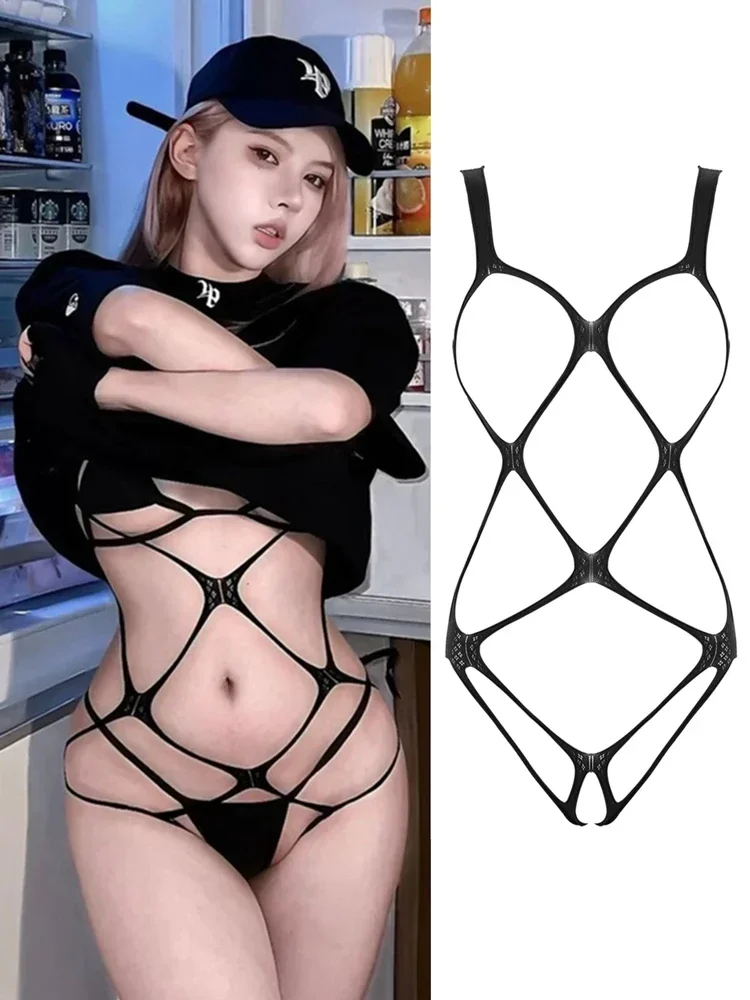 Plus Size Sexy Lingerie Bodysuit Women's Hollow Out Babydoll Criss Cross Crotchless See Through Fishnet Porn Bodystockings