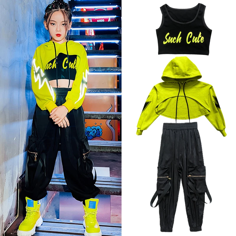 

Modern Dancing Clothes Show Wear Kids Girls Hip Hop Costume Fluorescent Green Crop Tops Casual Black Pants Girls Jazz