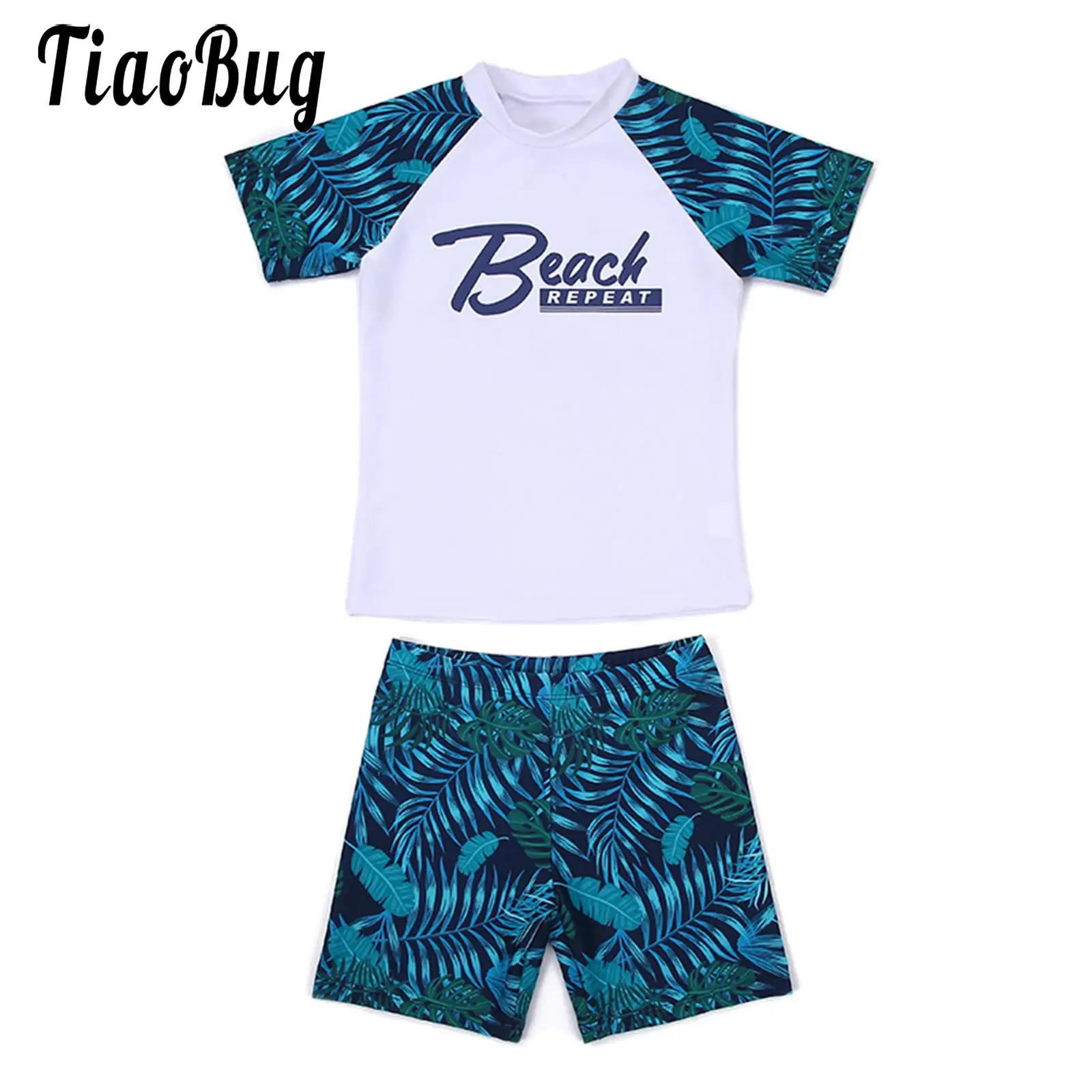 

Kids Boys Quick-Dry Two Piece Swimsuit Outfit Short Sleeve Swim Tops and Trunks Shorts Print Bathing Suit Pool Beach Costume