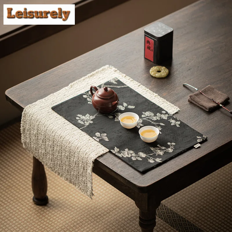 Embroidered Brocade Double-sided Tea Table Mats Ancient Tea Flag Drink Coaster Dinner Table Cloth Mat Chinese Tea Set Decoration