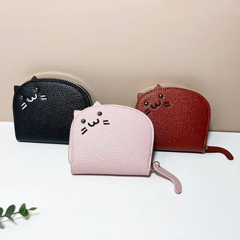 Cute Cartoon Cat PU Leather Fold Card Bag Multi-functional Women Casual ID Card Organizer Coin Purse Bank Credit Holder 1Pc