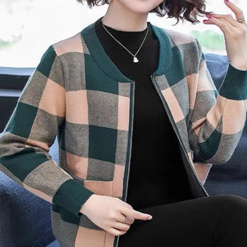 Zip Up Cardigans Vintage Plaid Loose Jackets Woman Clothes Spring Autumn New Pockets O-Neck Long Sleeve Demi-season Casual Coats