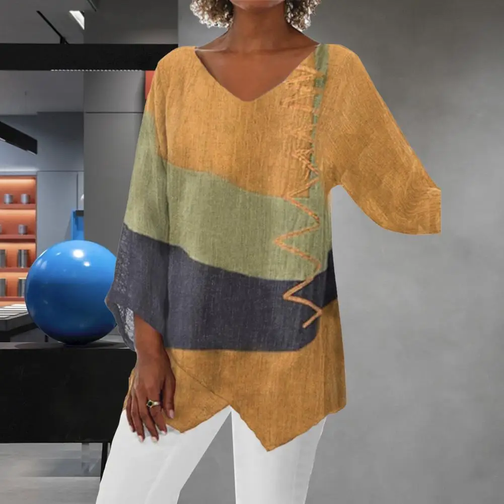 

Autumn Oversized Tunic Shirts V-neck Long Sleeve Irregular Hem Women Shirt Casual Color Block Pullover Blouse Streetwear Y2K