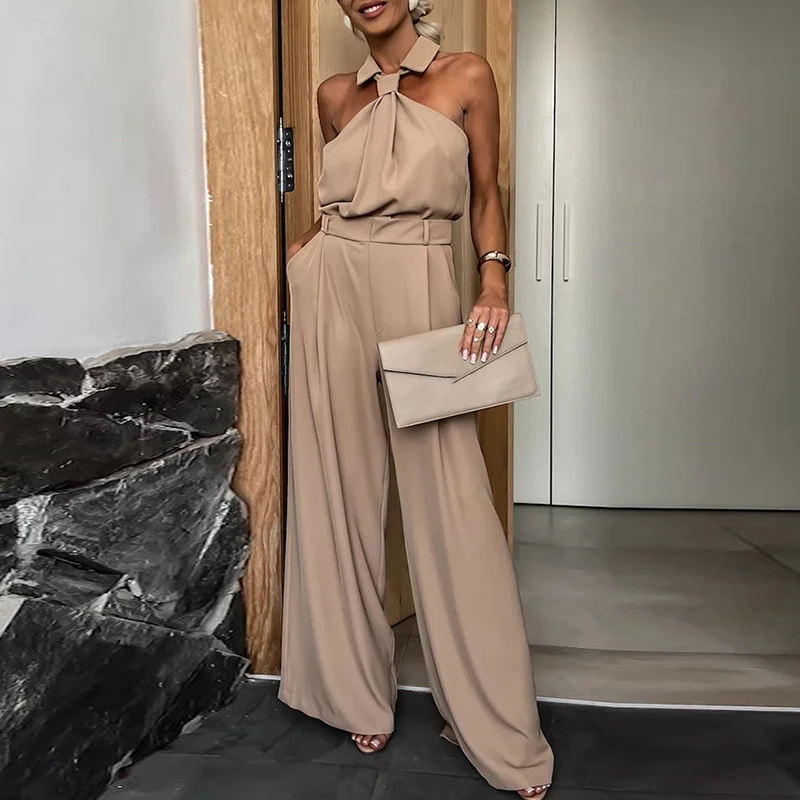 

Elegant Off Shoulder Sleeveless Long Jumpsuit Women Fashion High Waist Solid Loose Romper Sexy Backless Pleated Playsuit Overall