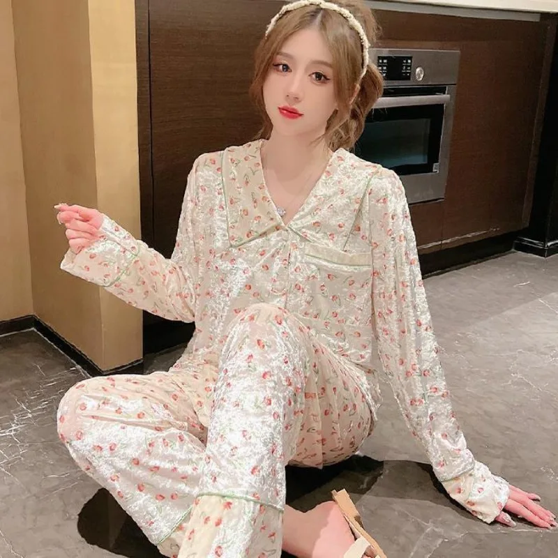 Gold Velvet Pajamas Autumn Winter Women Sweet High-End Floral Homewear Suit Female Casual Long Sleeve Pants Nightclothes Suit