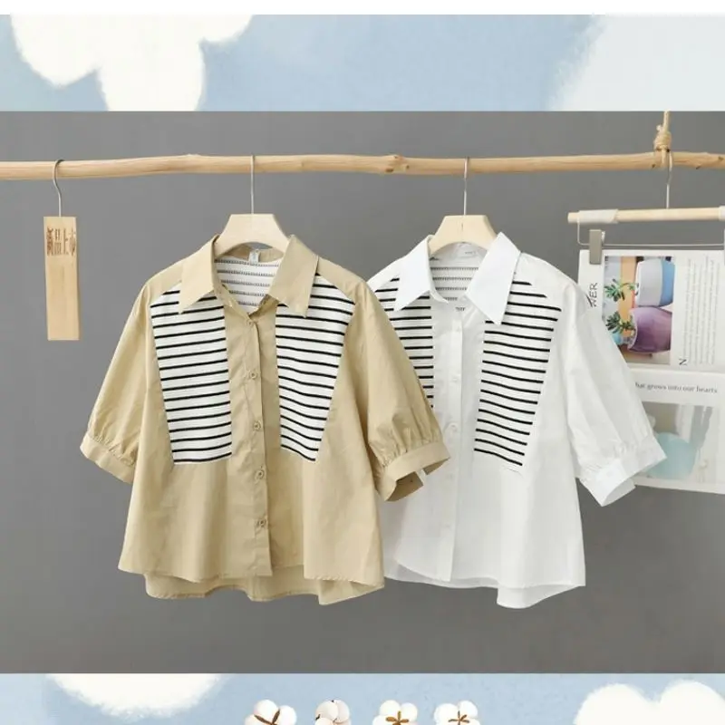 Korean 2024 Summer Commute Women's Blouses Patchwork Polo-Neck Striped Button Young Style Casual Loose Short Sleeve Shirts Tops