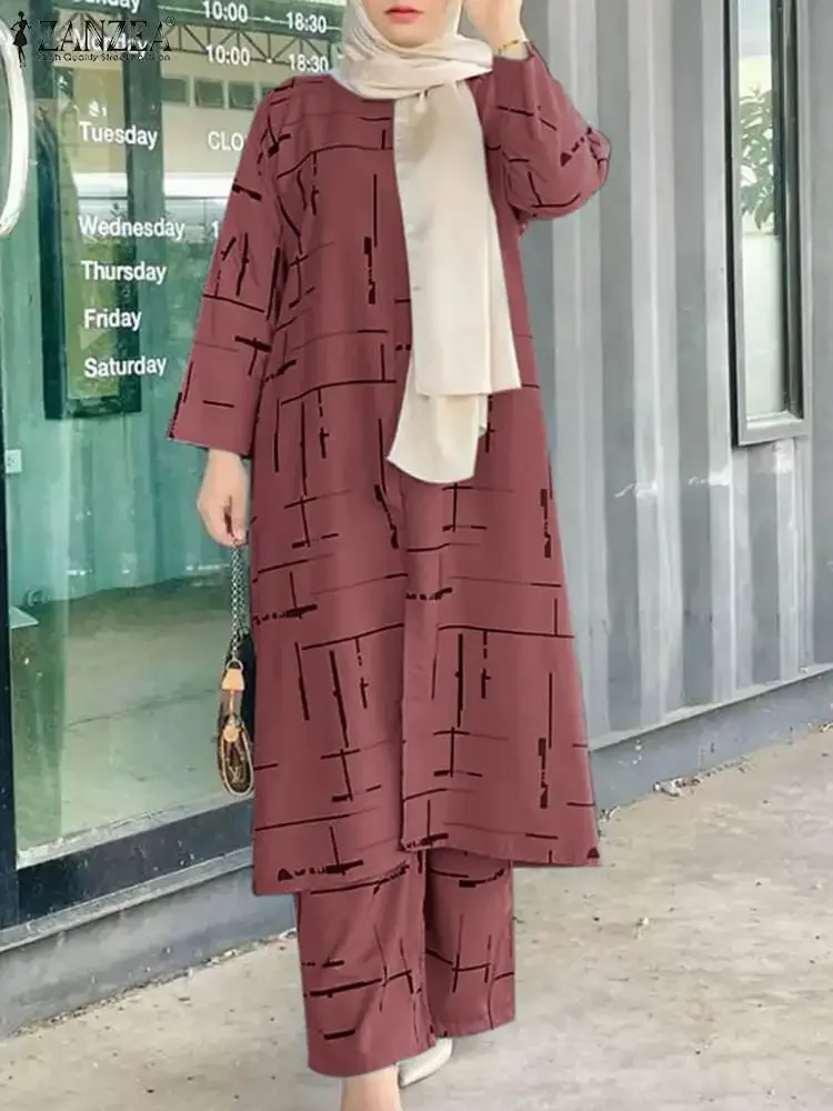 طقم بلوزة نسائية بأكمام كاملة برقبة دائرية ، طول الكاحل أنيق ، بنطال ساق واسعة ، طباعة زهور ، بلوزة تركية ، موضة فضفاضة ، مسلمات ، صيف