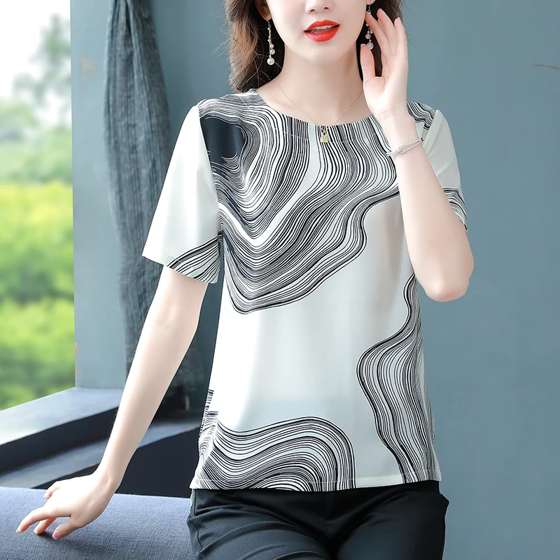 Silk Blouse Women T-shirt 2023 Summer Short Sleeve Blouses Satin Thin Womens Tops Printing OL Female Clothing Basic Ladies Tops