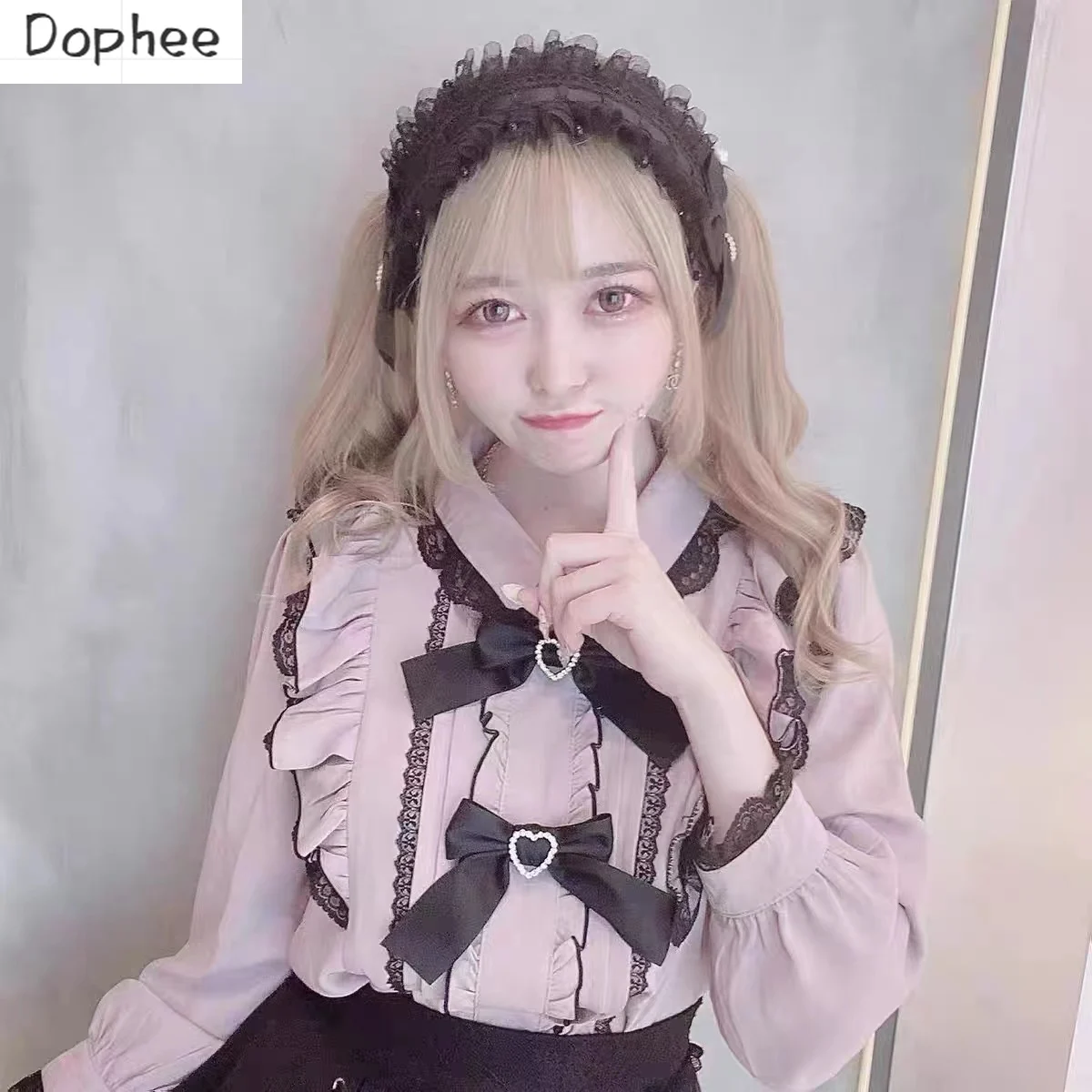 

Dophee Japanese Style Rojita Shirts Spring Autumn Double Bow Lace Ruffles Peter Pan Collar Long Sleeve Cute Blouse Lolita Top